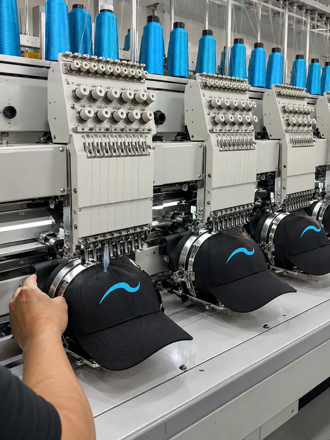 Industrial embroidery machine stitching caps