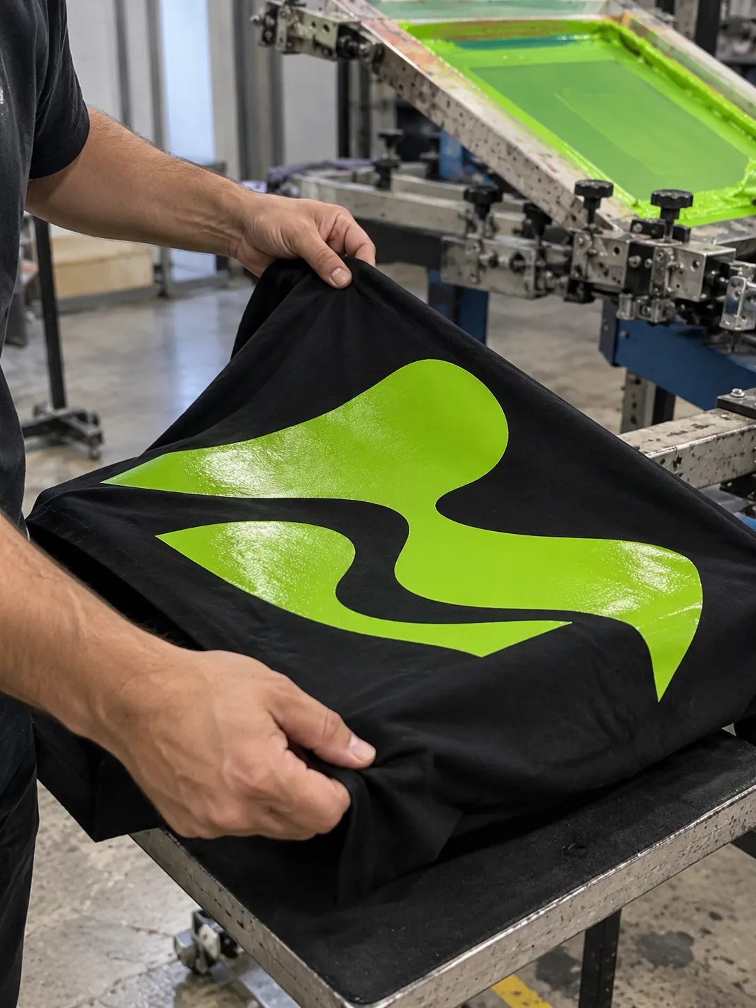 Lifting a freshly printed T-shirt off the press
