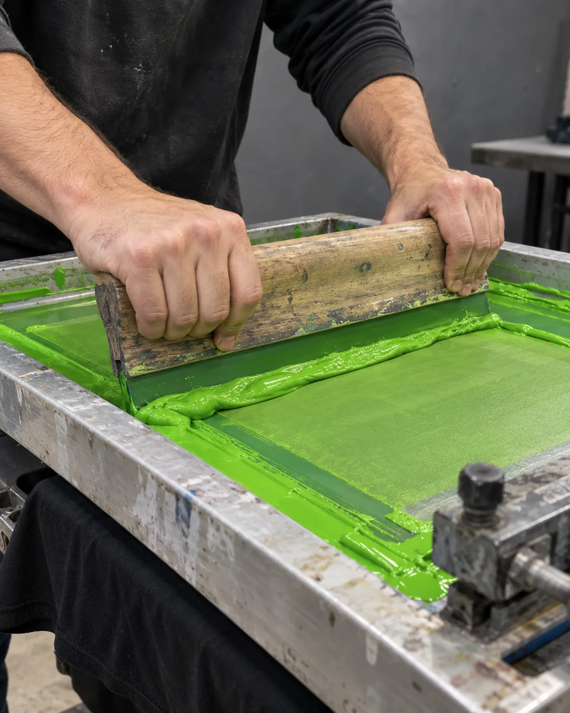 Pulling ink through a screen with a squeegee