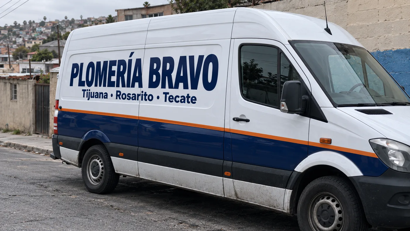 Example: a white plumbing van with its wrap